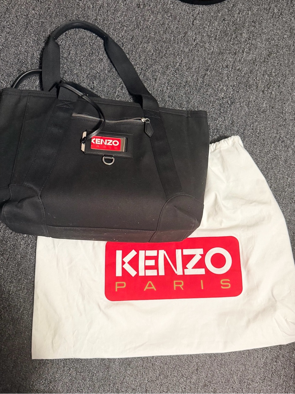 Kenzo Black Canvas Tote with Red Logo Patch